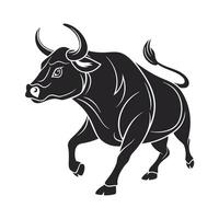 A stylized, black and white silhouette of a cartoon bull in a dynamic pose. vector