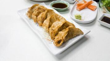 Gyoza in white saucer on table photo