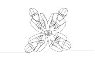 Continuous one line drawing of group of building builders putting hands together, building construction team concept, single line art vector