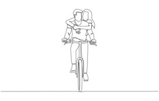 Continuous one line drawing of man riding bike with his girlfriend hugging from behind, couple in love concept, single line art vector