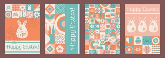 Easter geometric posters with holiday symbols, rabbit, eggs, plants. Christian holiday signs in abstract basic shapes. flat illustrations and text greetings. vector