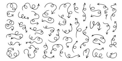 Arrow doodles, pointers of direction with curvy lines, line art, decorative sticker set with different wavy arrows. illustration. vector
