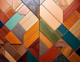 Colorful geometric wooden tile background with various shapes and textures, creating a vibrant and intricate pattern. Ideal for design, decor, and artistic photo