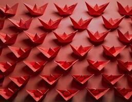 A collection of red origami boats arranged in a grid pattern on a vibrant red background, creating a visually striking and uniform artistic display photo