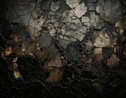 A close up charred wood texture with intricate cracks and burnt patterns, showcasing a mix of dark and brown hues, perfect for backgrounds or design elements photo