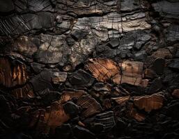 close up of charred wood texture with intricate cracks and burnt patterns, showcasing a mix of dark and brown hues, perfect for backgrounds or design elements photo