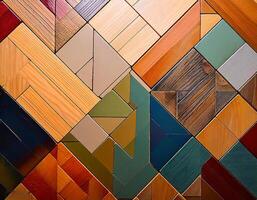 Colorful geometric wooden tile background with various shapes and textures, creating a vibrant and intricate pattern. Ideal for design, decor, and artistic project photo