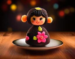 A beautifully crafted chocolate dessert shaped like a doll, adorned with colorful decorations, sits on a plate against a blurred, bokeh background photo