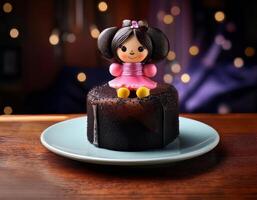 A beautifully decorated chocolate cake with a cute doll topper on a light blue plate. The background features a bokeh effect with warm lights, creating a cozy atmosphere photo