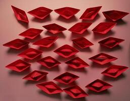 A collection of red origami boats arranged in a grid pattern on a pink background. The vibrant color and geometric arrangement create a visually striking and artistic composition photo