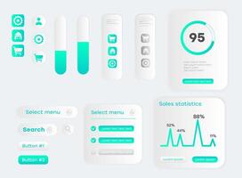 UI UX design elements set with buttons, icons, progress bars, statistics charts, and menus in modern neon gradient style. Flat interface components template for web and mobile applications vector