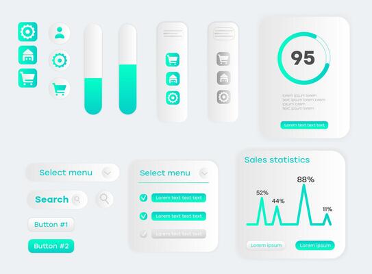 UI UX design elements set with buttons, icons, progress bars, statistics charts, and menus in modern neon gradient style. Flat interface components template for web and mobile applications