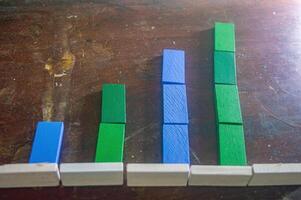 Colorful wooden blocks arranged in ascending order on a wooden surface, representing a simple bar graph or educational tool for learning basic math concepts photo