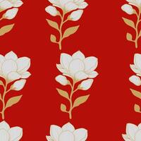 Seamless pattern with flowers. White magnolia with gold leaves on a red background. Botany pattern. For fabric, wallpaper, textile, wrapping, web, packaging design. vector