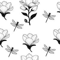 hand draw floral seamless pattern. Magnolia with dragonfly line art. pattern. For botany pattern, cardboard, wallpaper. vector
