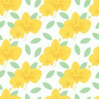 seamless pattern with flowers. Yellow orchids with green leaves. For botany pattern, cardboard, wallpaper. vector