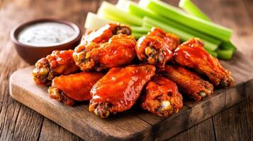 Buffalo chicken wings with celery and dipping sauce on wooden board photo