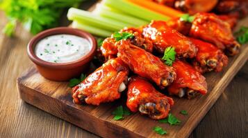 Buffalo chicken wings with celery and celery sticks on wooden board photo