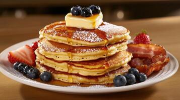Pancakes with blueberries, honey and bacon on a plate photo