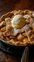 Apple pie with ice cream on a rustic background. Selective focus. photo