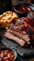 Grilled beef ribs with barbecue sauce and bbq sauce. photo