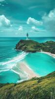 Panoramic view of the ocean with a lighthouse in the background photo