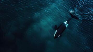 An aerial view of a killer whale swimming in the ocean photo