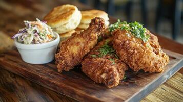 Crispy fried chicken nuggets with coleslaw salad on wooden plate photo