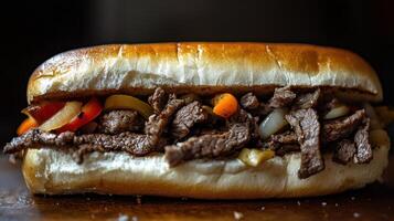 Homemade hamburger with beef and vegetables on a dark background. Philly Cheesesteak photo
