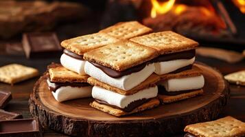 S'mores on a wooden board with chocolate and marshmallows photo