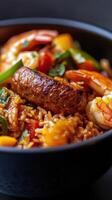 Fried rice with shrimps and vegetables in a black bowl. Jambalaya photo