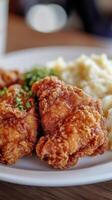 Fried chicken with mashed potatoes on the table. photo
