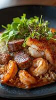 Seafood risotto with shrimps and prawns. Jambalaya photo