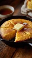 A skillet with cornbread and butter on a table photo