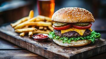 Cheese burger. American cheese burger with Golden French fries and ketchup photo