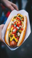 Delicious hot dog with mustard, ketchup and mayonnaise photo