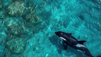 An orca whale swimming in the ocean with a group of fish photo