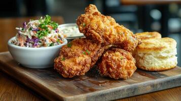 Fried chicken wings with coleslaw salad photo