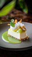 A dessert on a plate with green sauce photo