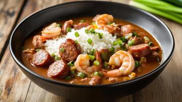 Curry with shrimps, prawns, chorizo and rice. Gumbo photo