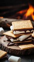 S'mores on a wooden board with a fire in the background photo