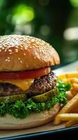 Cheese burger . American cheese burger with Golden French fries and fresh salad photo