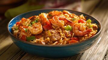 Rice with shrimps and vegetables in a bowl on wooden background. Jambalaya photo