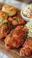Fried chicken wings with bread and coleslaw on wooden board photo