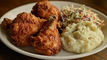Crispy fried chicken with mashed potatoes and coleslaw salad. photo