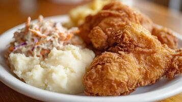 Fried chicken with mashed potatoes and coleslaw in white plate photo