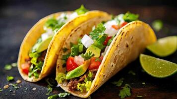 Mexican tacos with beef, tomato, onion and cheese on dark background photo