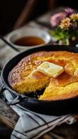 Cornbread in a skillet with butter and syrup photo