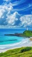 beautiful seascape with a lighthouse on the background of blue sky photo