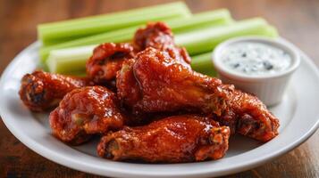 Buffalo chicken wings with celery sticks and tzatziki sauce photo